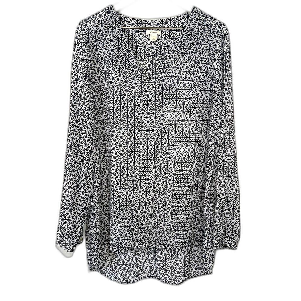 Caslon Geometric Pattern Popover Blouse size Large Blue Semi-Sheer V-Neck Top